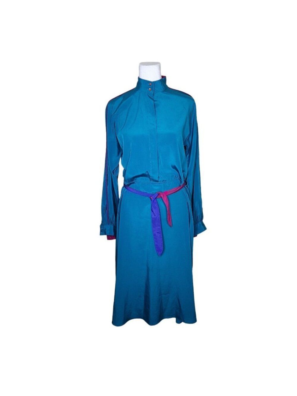 Sasson Vintage 80s Long Sleeve Sleek Dress Womens Size 6 Teal Blue High Neck
